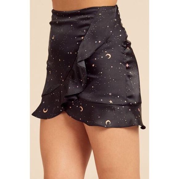 Black Galaxy Print Ruffle Satin Skirt - Picture 7 of 7